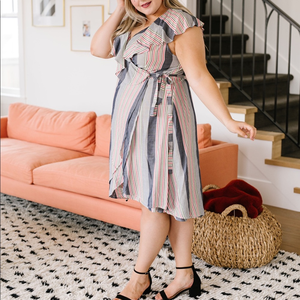FINAL SALE❗️Striped Delight Ruffled Wrap Dress - Picture 7 of 8
